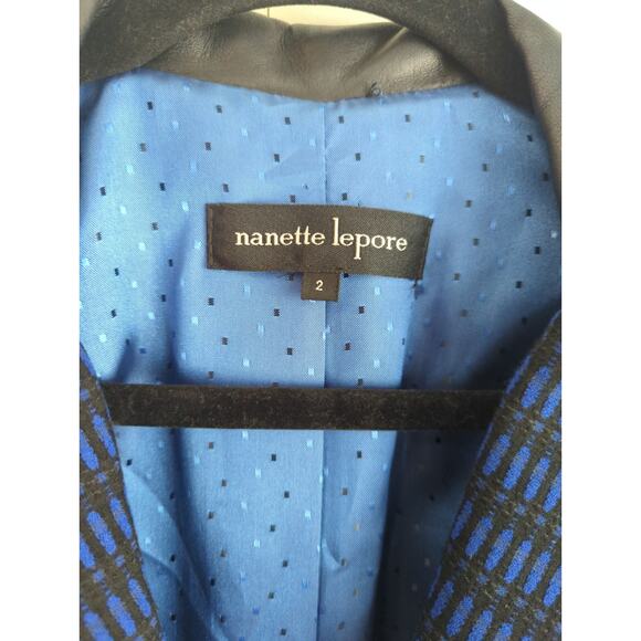 Nanette Lepore Navy Patterned Blazer Leather Trim Size 2 - Picture 2 of 5